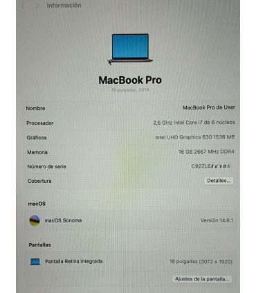 MacBook PRO 16" I7 16Gb 512Gb 2019 Reacondicionado 6 meses de garantia